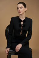 Black V-Cut Column Gown with Velvet Bow Crystal Embellishments for women, from IHF ATELIER, The Viet Concept 