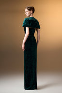 IHF ATELIER • Emerald Stone Bow Velvet Column Evening Gown with Mini Cape