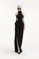 SORAMAME • Black Waves Sculptural Wave-Tulle Peplum Top