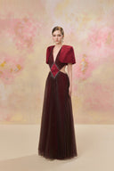 Crimson Pleated Plunge Maxi Gown for women, from JOSEPHINE, The Viet Concept 