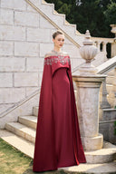 TRACY COUTURE • Crystal Embellished Sheer Cape Sleeve Silk Gown