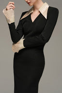Black Crepe Wing-Cuff Midi Dress With Beige Cuffs Luxury Bodycon for women, from IHF STUDIO, The Viet Concept 