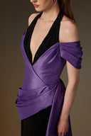 IHF ATELIER • Violet Noir Asymmetric Draped V-Neck Column Gown