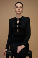 Black V-Cut Column Gown with Velvet Bow Crystal Embellishments for women, from IHF ATELIER, The Viet Concept 