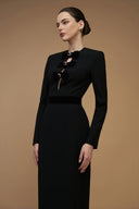 Black V-Cut Column Gown with Velvet Bow Crystal Embellishments for women, from IHF ATELIER, The Viet Concept 