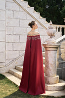 TRACY COUTURE • Crystal Embellished Sheer Cape Sleeve Silk Gown