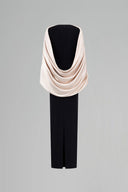 Black Ivory Crepe & Silk Column Gown With Cape Sleeves & Bow for women, from IHF ATELIER, The Viet Concept 