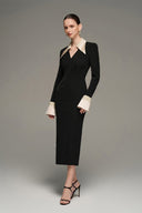 Black Crepe Wing-Cuff Midi Dress With Beige Cuffs Luxury Bodycon for women, from IHF STUDIO, The Viet Concept 
