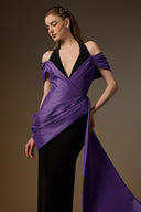 IHF ATELIER • Violet Noir Asymmetric Draped V-Neck Column Gown