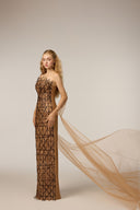 21SIX • Corinne Geometric Embellished Tulle Cape Evening Gown
