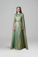 Light Green Metallic Silk Column Gown With Floor-Length Cape Sleeves for women, from IHF ATELIER, The Viet Concept