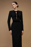 Black V-Cut Column Gown with Velvet Bow Crystal Embellishments for women, from IHF ATELIER, The Viet Concept 