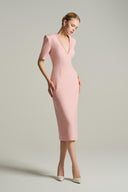 Pastel Pink V Neck Bodycon Midi Dress with Crystal Embellished Neckline for women, from IHF STUDIO, The Viet Concept 