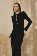 L' SCARLETT • Crystal Beaded Front-Slit Crepe Maxi Dress