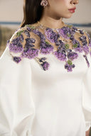 TRACY COUTURE • Sheer Shoulder Puff-Sleeve Floral Satin Maxi Gown