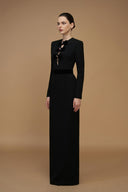 Black V-Cut Column Gown with Velvet Bow Crystal Embellishments for women, from IHF ATELIER, The Viet Concept 