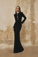 L' SCARLETT • Crystal Beaded Front-Slit Crepe Maxi Dress