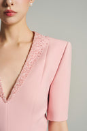 Pastel Pink V Neck Bodycon Midi Dress with Crystal Embellished Neckline for women, from IHF STUDIO, The Viet Concept 