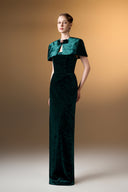 IHF ATELIER • Emerald Stone Bow Velvet Column Evening Gown with Mini Cape