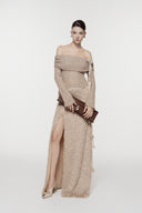 L'ALLÉE • Feathered Off-Shoulder Maxi Dress