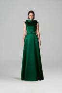 Emerald Green Silk A-Line Gown With Deconstructed Collar Bow Belt for women, from IHF ATELIER, The Viet Concept