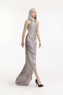 SORAMAME • Ice Grey Otherwise Halter Sequin Hooded Gown