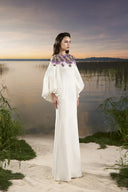 TRACY COUTURE • Sheer Shoulder Puff-Sleeve Floral Satin Maxi Gown