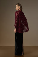 IHF ATELIER • Black Velvet V-Neck Column Gown with Floral Lace Mullet Cape