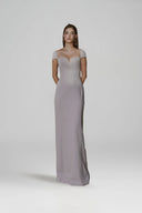 L' SCARLETT • Grey Crystal Beaded Poly Crepe Maxi Evening Dress