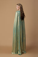 Light Green Metallic Silk Column Gown With Floor-Length Cape Sleeves for women, from IHF ATELIER, The Viet Concept