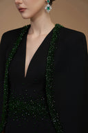 Black V-Neck Crystal Embellished Column Gown with Cape Sleeves for women, from IHF STUDIO, The Viet Concept 