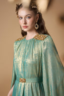 Light Green Metallic Silk Column Gown With Floor-Length Cape Sleeves for women, from IHF ATELIER, The Viet Concept