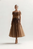 Veilyn Mocha Off-Shoulder Feather Tulle Gown for women, from JOSEPHINE, The Viet Concept 