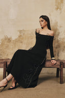 L' SCARLETT • Flared Off-Shoulder Crystal Heart-Beaded Midi Dress