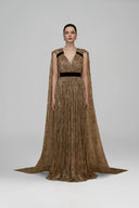 IHF ATELIER • Green Tie-Dye Gold Chiffon V-Neck A-Line Gown With Ruffle Train