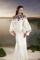 TRACY COUTURE • Sheer Shoulder Puff-Sleeve Floral Satin Maxi Gown