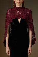 IHF ATELIER • Black Velvet V-Neck Column Gown with Floral Lace Mullet Cape