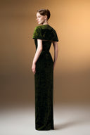 IHF ATELIER • Emerald Stone Bow Velvet Column Evening Gown with Mini Cape