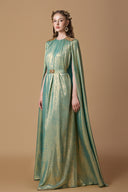 Light Green Metallic Silk Column Gown With Floor-Length Cape Sleeves for women, from IHF ATELIER, The Viet Concept