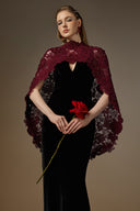 IHF ATELIER • Black Velvet V-Neck Column Gown with Floral Lace Mullet Cape