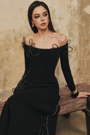 L' SCARLETT • Flared Off-Shoulder Crystal Heart-Beaded Midi Dress