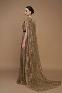IHF ATELIER • Green Tie-Dye Gold Chiffon V-Neck A-Line Gown With Ruffle Train