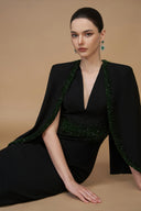 Black V-Neck Crystal Embellished Column Gown with Cape Sleeves for women, from IHF STUDIO, The Viet Concept 