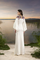 TRACY COUTURE • Sheer Shoulder Puff-Sleeve Floral Satin Maxi Gown