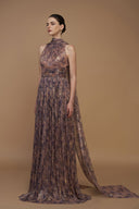 Bottle Neck Purple Tie-Dye Metallic Chiffon A-Line Gown Ruffle Train for women, from IHF ATELIER, The Viet Concept 