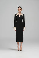 Black Crepe Wing-Cuff Midi Dress With Beige Cuffs Luxury Bodycon for women, from IHF STUDIO, The Viet Concept 
