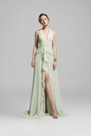 Dorothea Mint Silk Pleated Halter Gown for women, from 21SIX, The Viet Concept