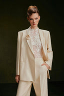 VONTIER DE MONTIER • Tailored Textured Pleated Silk Kate Straight-Leg Trousers in Cream Beige