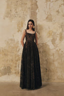 L' SCARLETT • Flared Crystal-Beaded Glitter Lace U-Neck Maxi Dress