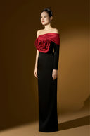 Noir Asymmetric Draped Rose Crepe Evening Gown for women, from IHF ATELIER, The Viet Concept 